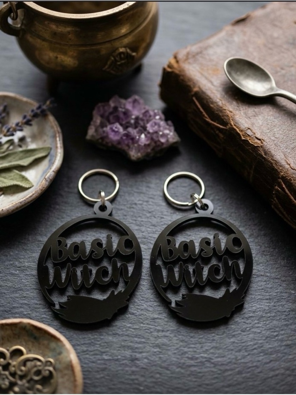 Two Basic Witch Black Acrylic Keychain - Women Accessories Key & Card Holder